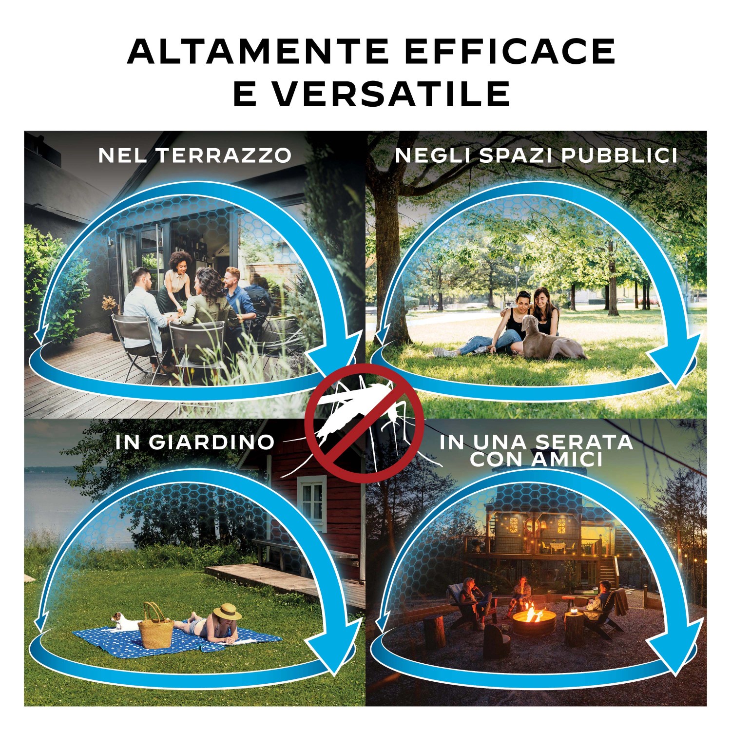 Aree di applicazione dell'antizanzare t.b.t.: terrazza, giardino, spazi pubblici, serata con amici.