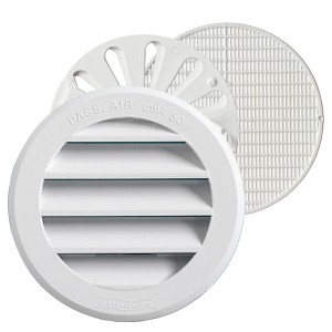 Griglia di ventilazione t.b.t. bianca rotonda con lamelle e filtri.