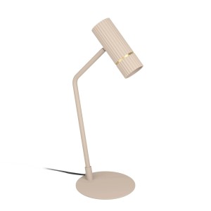 Lampada da tavolo di design t.b.t. beige con paralume a coste e dettaglio dorato.