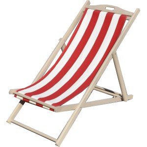 Lettino prendisole in legno con rivestimento a righe bianche e rosse per giardino e balcone.