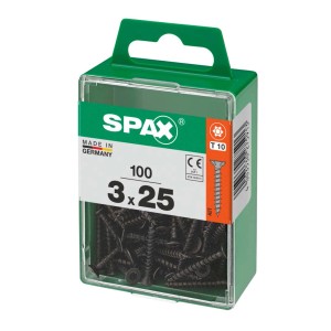 Viti SPAX nere 3x25 mm in contenitore di plastica verde, 100 pezzi, per fissaggi.