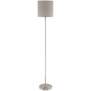 Moderna lampada da terra Eglo Pasteri con paralume in tessuto tortora e base in nichel opaco.