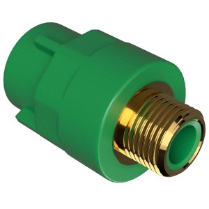 Raccordo PPR t.b.t. verde con filettatura dorata per sistemi di tubazioni.