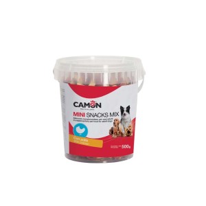 Secchio di Camon Mini Snacks Mix per cani, gusto pollo.