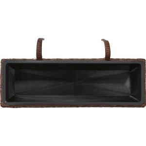 Fioriera da balcone in rattan marrone con inserto nero e ganci.