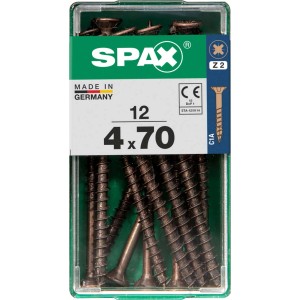 Viti per legno SPAX 4x70 mm, 12 pezzi in contenitore di plastica trasparente.