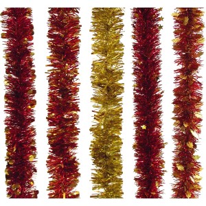 Ghirlande natalizie di orpello rosse e dorate assortite per decorazioni festive.