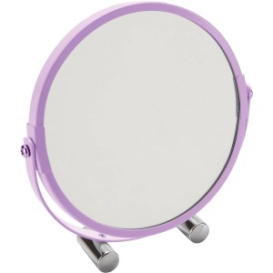 Specchio da trucco lilla con vetro rotondo e base color argento.