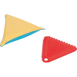 Raschiaghiaccio con tampone di pulizia, tampone giallo/blu e raschietto rosso con denti rompighiaccio.