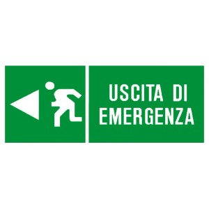 Cartello verde di uscita di emergenza con pittogramma di persona che corre e freccia a sinistra.