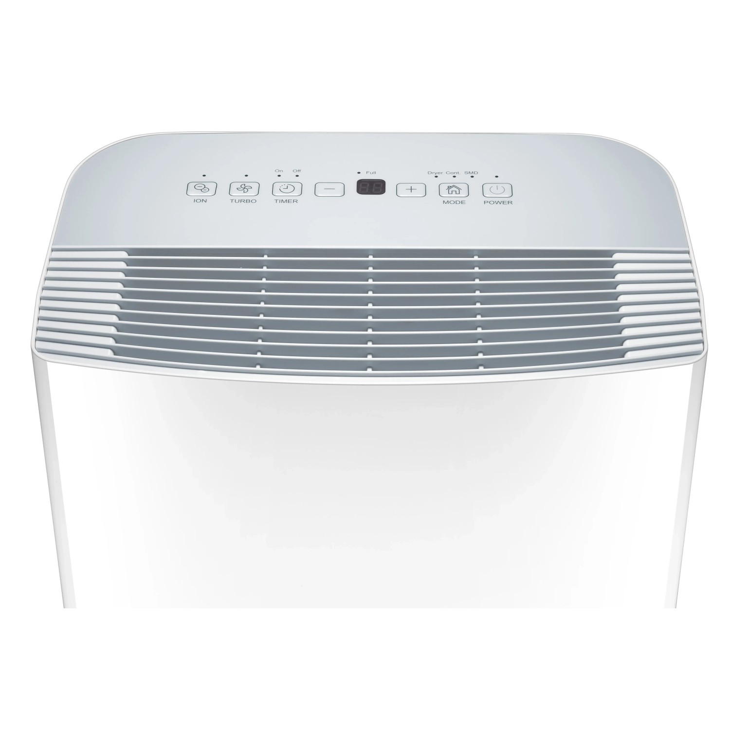 Deumidificatore bianco con pannello di controllo e griglia di ventilazione.