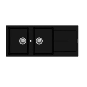 Lavello in acciaio inox nero con due vasche e scolapiatti.