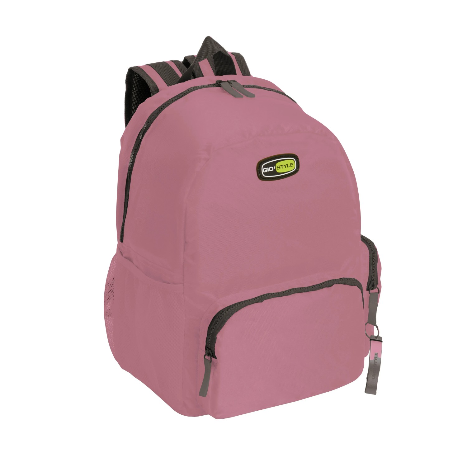 Zaino da campeggio rosa con dettagli neri e tasca laterale in rete.