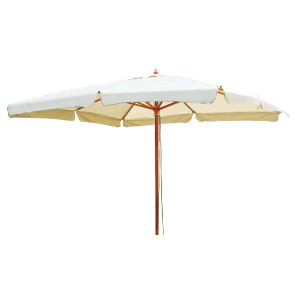 Ombrellone t.b.t. con supporto in legno e telo chiaro.