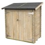 Casetta in legno Serena 155x85 cm con doppia porta e tetto scuro inclinato. Ideale per attrezzi o bidoni.