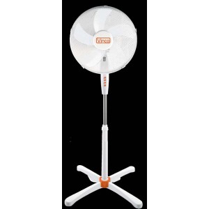 Ventilatore a piantana bianco con pale del rotore e dettagli arancioni.