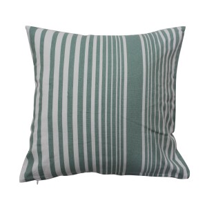 Cuscino quadrato con motivo a righe verdi e bianche.