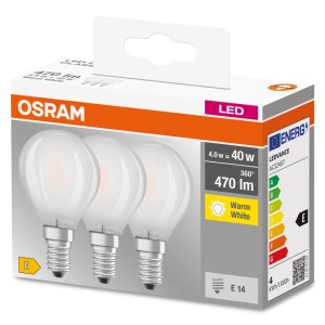 Lampadina LED E14 Osram, confezione da 3, bianco caldo, 4W. Lampadine LED a risparmio energetico.