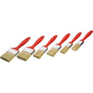 Set di 6 pennelli piatti con manici rossi in varie dimensioni.