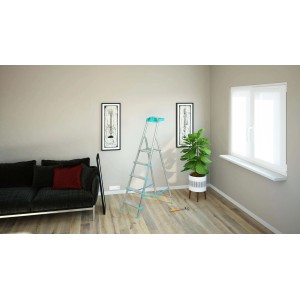 Scala domestica in alluminio a 5 gradini con dettagli blu, in un ambiente domestico.