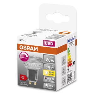 Lampadina LED GU10 OSRAM, dimmerabile, bianco caldo. Faretto LED per illuminazione d'atmosfera.