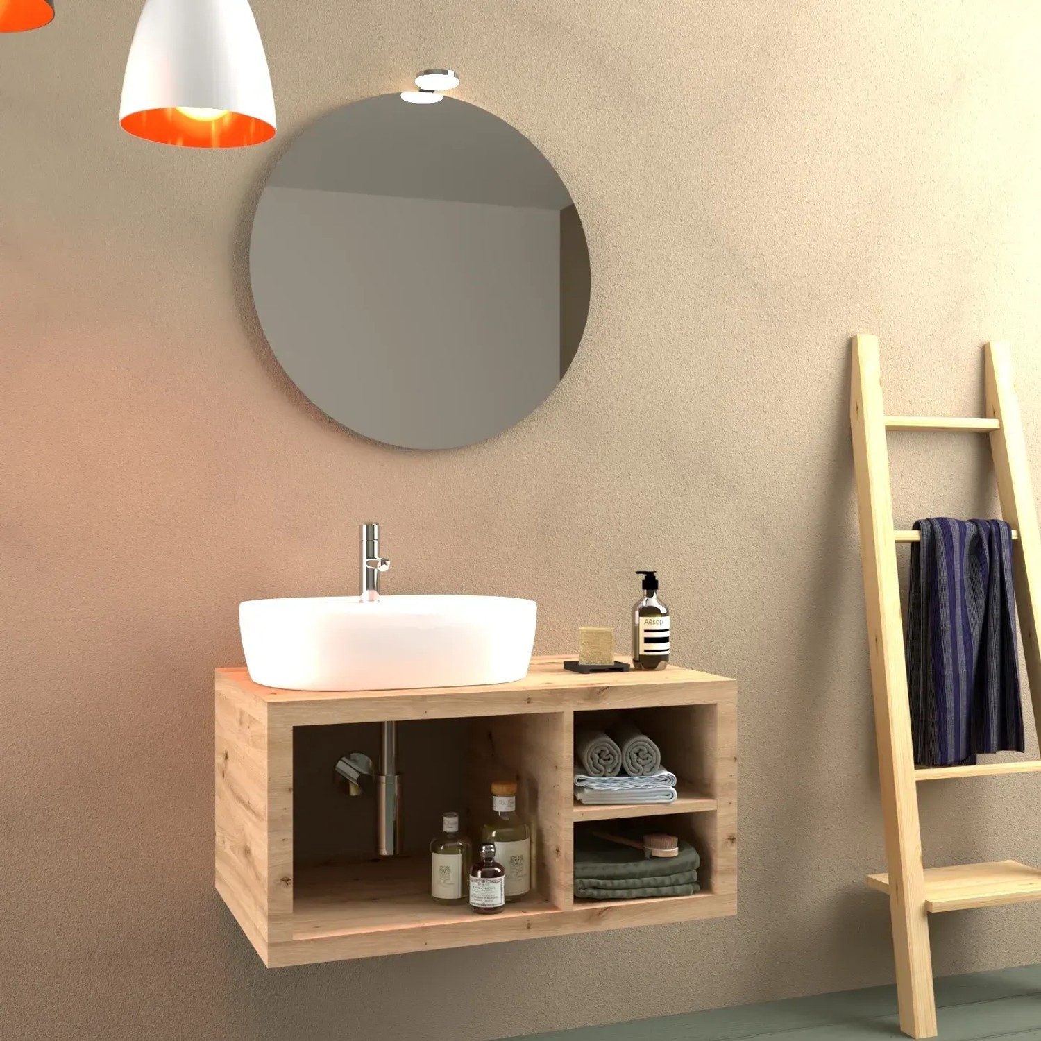 t.b.t. Mobile bagno con specchio rotondo e scaletta portasciugamani.