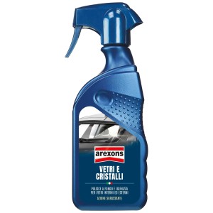 Detergente spray blu per vetri auto e cristalli di Arexons.