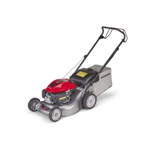 Tagliaerba a scoppio con motore rosso e cesto di raccolta.