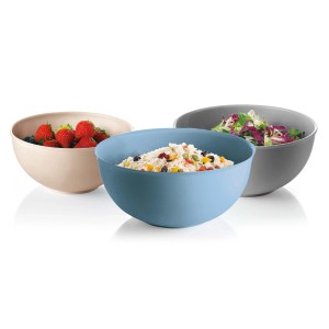 Set di ciotole t.b.t., set da 3 in beige, blu e grigio, riempite con frutta, riso e insalata.