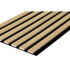 Pannelli fonoassorbenti t.b.t. con listelli di legno su feltro nero.