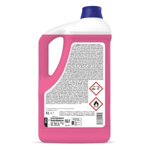 Flacone da 5L di detergente t.b.t. rosa con tappo blu. Detersivo per la pulizia della casa.