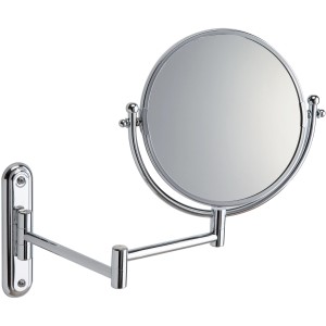 Specchio da trucco rotondo cromato da parete con braccio girevole.