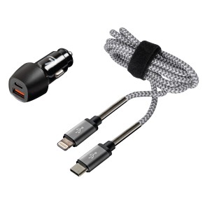 Adattatore di ricarica per auto t.b.t. con cavo USB-C e Lightning per interni auto.
