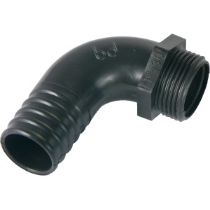 Raccordo a gomito nero a 90 gradi per accessori pompa con filettatura e raccordo per tubo flessibile scanalato.