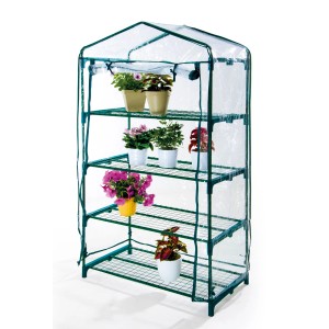 Piccola serra con quattro ripiani e piante.