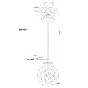 Disegno tecnico della lampada da terra t.b.t. con dimensioni e dettagli.