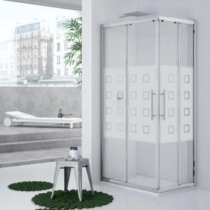 Box doccia angolare t.b.t. con motivo quadrato sul vetro.