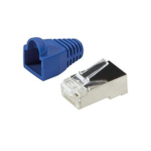Connettore RJ45 con protezione antipiega blu per accessori telefoni.