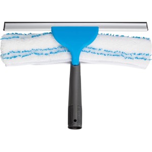 Lavavetri con manico blu e rivestimento in microfibra per una pulizia senza aloni.