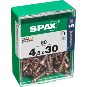 Viti per legno SPAX 4,5x30 mm, 60 pezzi in contenitore di plastica verde.
