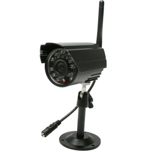 Telecamera di videosorveglianza nera con antenna e supporto per esterni.