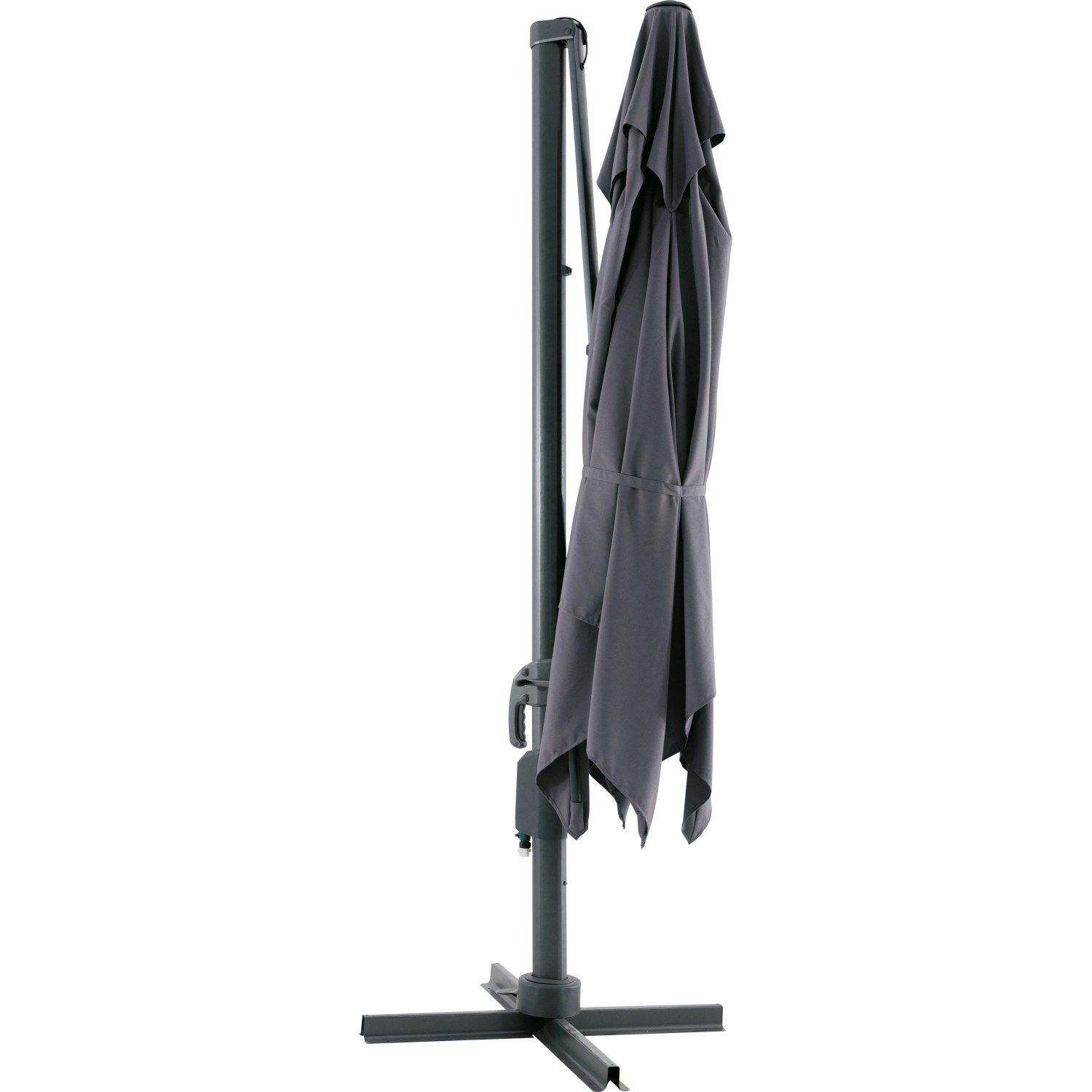 Ombrellone a braccio Moga grigio, Ø 300 cm, con manovella e supporto. Ombrellone chiuso.
