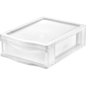 Contenitore trasparente t.b.t. con coperchio, ideale per lo stoccaggio e l'organizzazione.