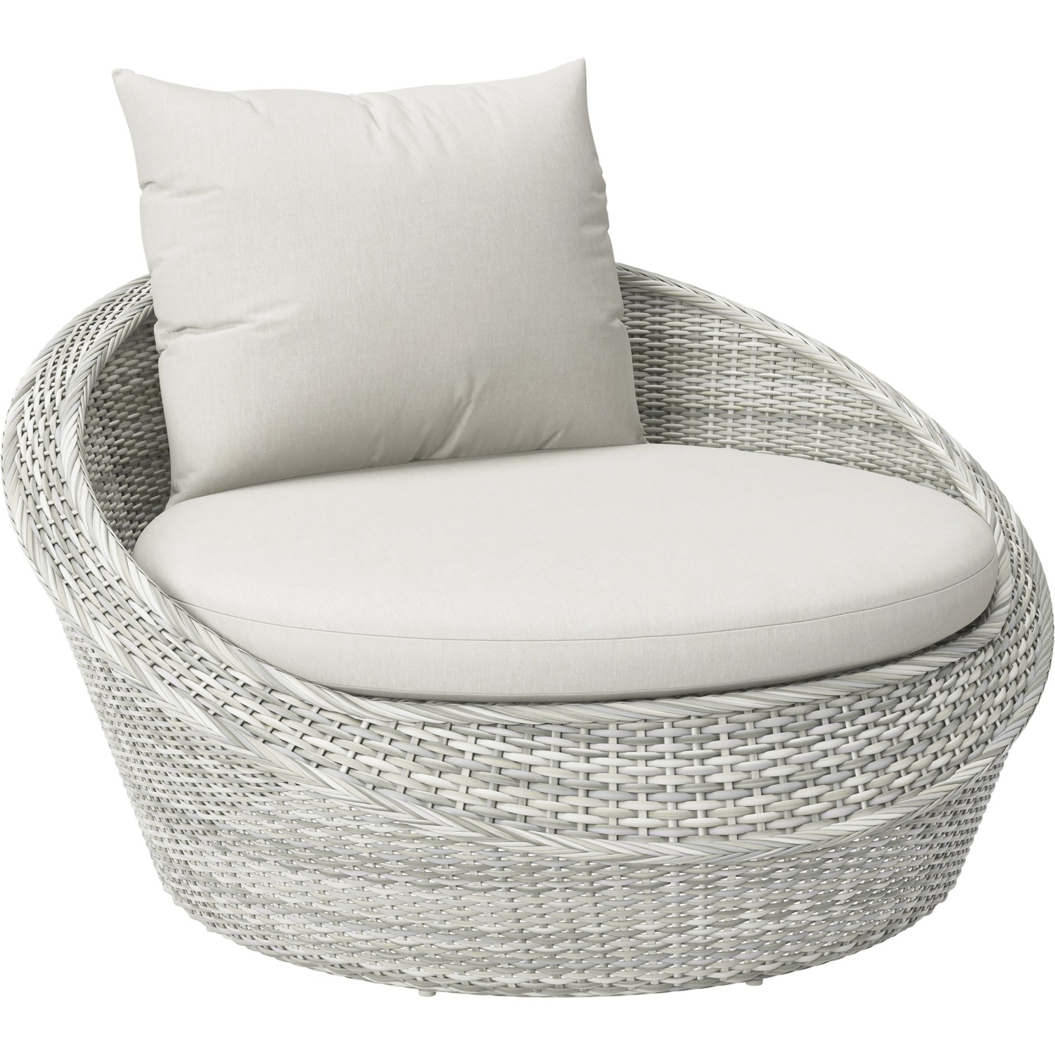 Poltrona da esterno rotonda t.b.t. in rattan con cuscino.