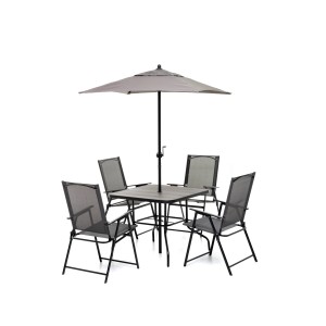 Set mobili da giardino grigio: tavolo, 4 sedie e ombrellone.