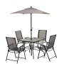 Set mobili da giardino grigio: tavolo, 4 sedie e ombrellone.
