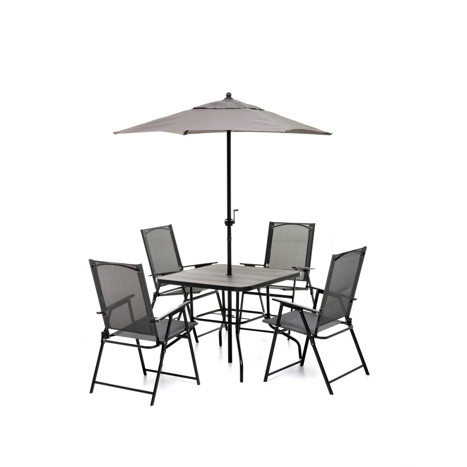 Set mobili da giardino grigio: tavolo, 4 sedie e ombrellone.