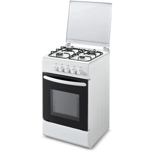 Cucina a gas bianca con quattro fuochi e forno.