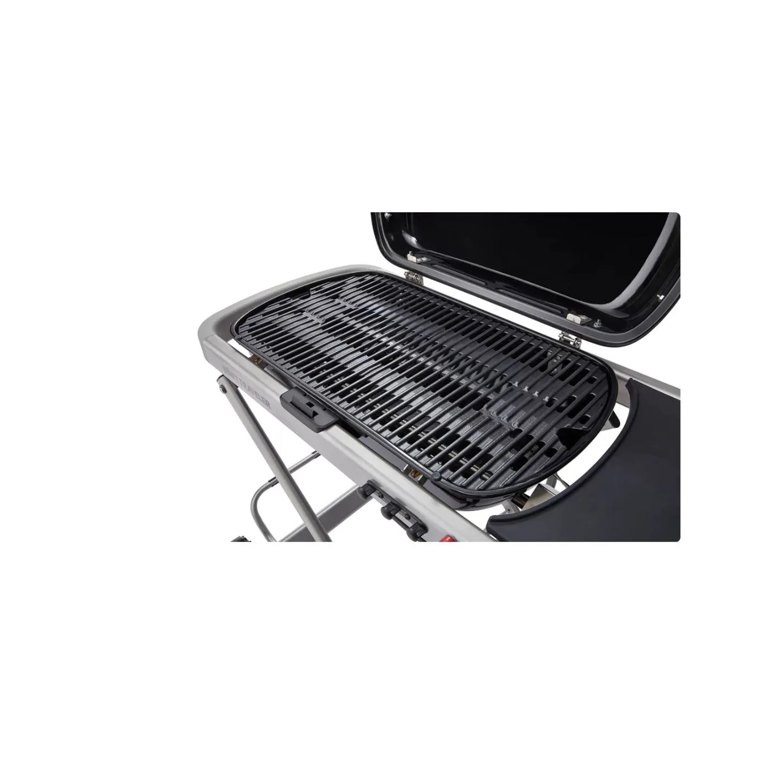 Barbecue a gas t.b.t. compatto con griglia e coperchio aperto. Ideale per il trasporto.