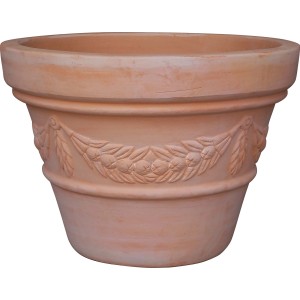 Vaso in terracotta t.b.t. con decorazione a rilievo per il giardino.